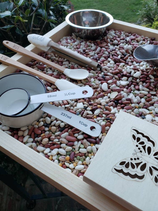 Bean Tray Activity Bin - Wooden Sensory Play Set with Montessori Tools for Children, Full-Size Wooden Sensory Bin with Bean Tray and Play Tools