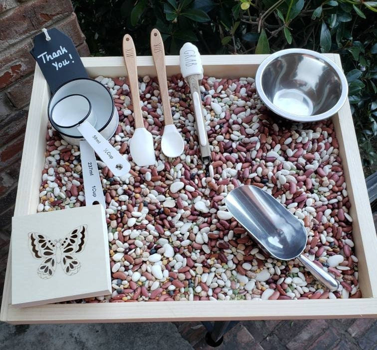 Bean Tray Activity Bin - Wooden Sensory Play Set with Montessori Tools for Children, Full-Size Wooden Sensory Bin with Bean Tray and Play Tools