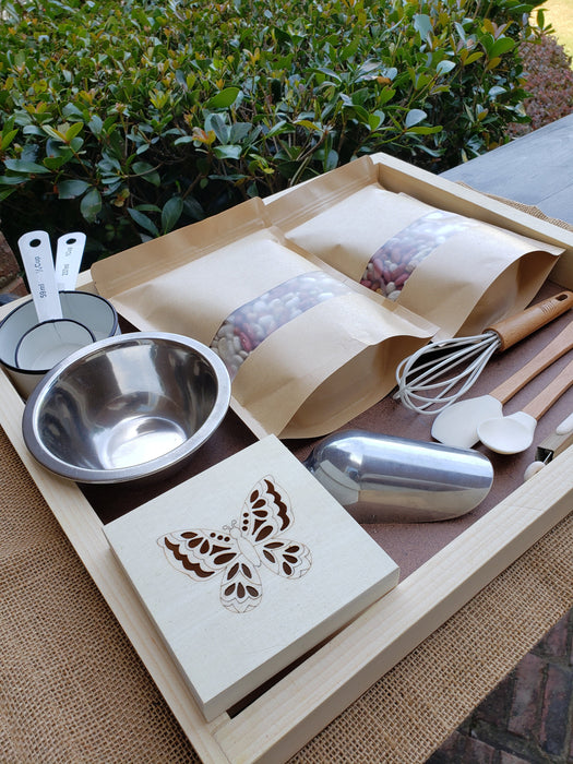 Bean Tray Activity Bin - Wooden Sensory Play Set with Montessori Tools for Children, Full-Size Wooden Sensory Bin with Bean Tray and Play Tools